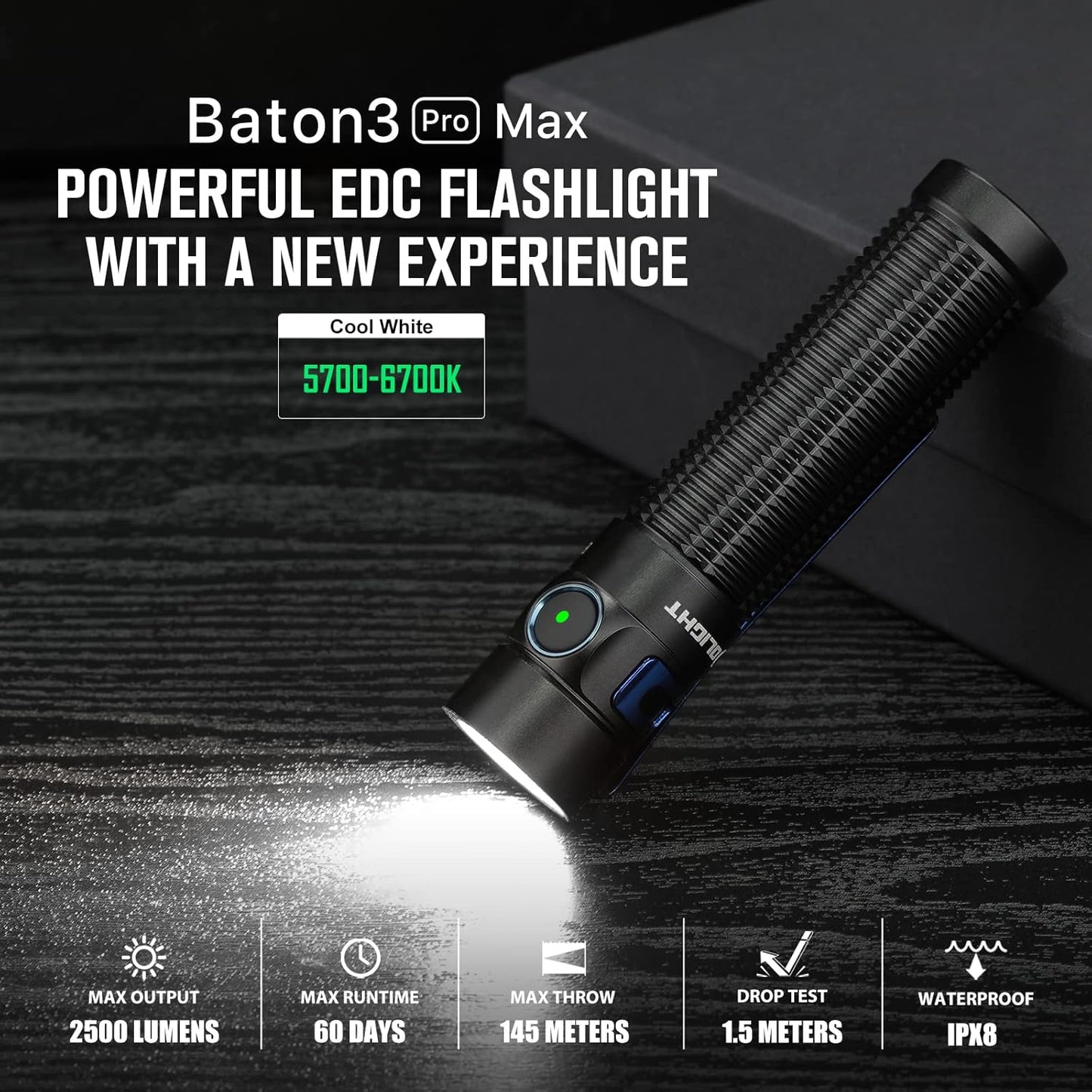 OLIGHT Baton3 Pro Max 2500 Lumens Rechargeable Compact EDC Pocket Flashlights with Safety Proximity Sensor, for Camping, Hiking, and Emergency (Cool White Light: 5700~6700K)