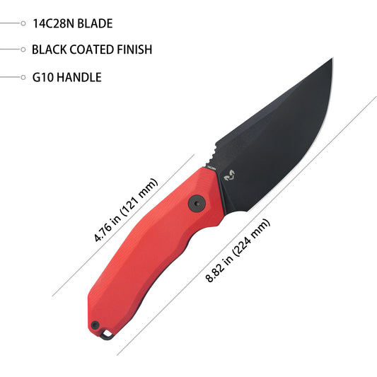 Kubey 381B Basilisk Black Stonewash Drop Point Fixed Blade Knife Red G10 Handles